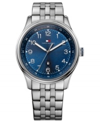 A sleek steel watch with a dial swimming in cool blues, a classic Tommy Hilfiger staple. A sleek steel watch with a dial swimming in cool blues, a classic Tommy Hilfiger staple.