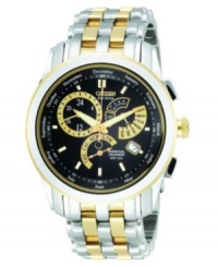 Classic style all year round. This Citizen watch features a goldtone & silvertone stainless steel strap and round case. Black dial with goldtone stick indices, logo, date window, alarm, perpetual calendar and three subdials. Solar-powered movement. Water resistant to 100 meters. Five-year limited warranty. Classic style all year round. This Citizen watch features a goldtone & silvertone stainless steel strap and round case. Black dial with goldtone stick indices, logo, date window, alarm, perpetual calendar and three subdials. Solar-powered movement. Water resistant to 100 meters. Five-year limited warranty.