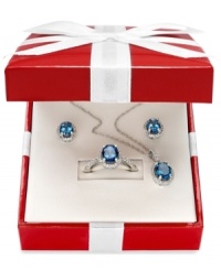 Illuminate your look with one (or all) of these sparkling pieces. Crafted in sterling silver, this matching set features oval-cut London blue topaz (1-3/4 ct. t.w.) and round-cut white topaz (3-3/4 ct. t.w.) earrings, pendant and ring. Approximate length: 18 inches. Approximate drop (pendant): 3/4 inch. Approximate drop (earrings): 1/3 inch. Ring Size 7. Illuminate your look with one (or all) of these sparkling pieces. Crafted in sterling silver, this matching set features oval-cut London blue topaz (1-3/4 ct. t.w.) and round-cut white topaz (3-3/4 ct. t.w.) earrings, pendant and ring. Approximate length: 18 inches. Approximate drop (pendant): 3/4 inch. Approximate drop (earrings): 1/3 inch. Ring Size 7.