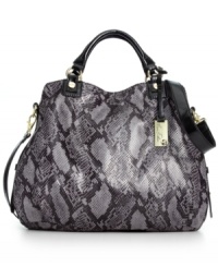 Exotic with attitude. This python-print tote from Marc Fisher is the perfect piece to give your workday wardrobe some posh appeal. Bedecked with signature hardware and golden stud accents, its pocket-lined interior easily stows your 9-to-5 necessitates. Exotic with attitude. This python-print tote from Marc Fisher is the perfect piece to give your workday wardrobe some posh appeal. Bedecked with signature hardware and golden stud accents, its pocket-lined interior easily stows your 9-to-5 necessitates.