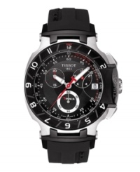 Inspired by the world of moto-racing, this T-Race Moto GP watch by Tissot blends eye-catching bike details with speedy precision. Crafted of black rubber strap and round black PVD stainless steel case with black bezel featuring white hour numerals. Black chronograph dial features white minute track, tachymeter scale, date window at three o'clock, luminous hands and red second hand, three subdials and logo. Swiss quartz movement. Water resistant to 100 meters. Two-year limited warranty.