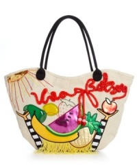Viva la vida loca. Play-up your less serious side with this care-free canvas tote from Betsey Johnson. Satiny fruit cut-outs, glittery gold sequins and eye-catching red ribbon decorate the front, making this carryall a fun seasonal essential. Viva la vida loca. Play-up your less serious side with this care-free canvas tote from Betsey Johnson. Satiny fruit cut-outs, glittery gold sequins and eye-catching red ribbon decorate the front, making this carryall a fun seasonal essential.
