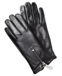 Zip up your winter accessorizing with these butter-soft leather gloves from MICHAEL Michael Kors that feature logo-embossed zipper pulls for eye-catching appeal. Zip up your winter accessorizing with these butter-soft leather gloves from MICHAEL Michael Kors that feature logo-embossed zipper pulls for eye-catching appeal.