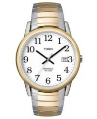 Elevate your style with this Timex watch featuring a goldtone and silvertone stainless steel expansion bracelet and round mixed metal case. White dial with black numerals, logo and date window. Analog movement. Water resistant to 30 meters. One-year limited warranty. Elevate your style with this Timex watch featuring a goldtone and silvertone stainless steel expansion bracelet and round mixed metal case. White dial with black numerals, logo and date window. Analog movement. Water resistant to 30 meters. One-year limited warranty.
