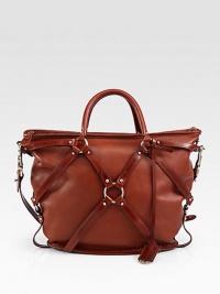 This strapped-in leather design is simple, yet beautifully detailed.Double top handles, 5 dropDetachable adjustable shoulder strap, 8-11½ dropTop zip closureOne inside zip pocketFully lined15W X 10½H X 5¾DMade in Italy This strapped-in leather design is simple, yet beautifully detailed.Double top handles, 5 dropDetachable adjustable shoulder strap, 8-11½ dropTop zip closureOne inside zip pocketFully lined15W X 10½H X 5¾DMade in Italy