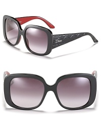 Thick square frames, quilted textured arms and a red contrast interior create an ultra glamorous look from Dior. Thick square frames, quilted textured arms and a red contrast interior create an ultra glamorous look from Dior.