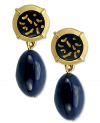 Dark blue colors captivate on T Tahari's drop earrings. From the Soho Chic collection, blue resin stones hang from golden pendants with flecked detail. Nickel-free for sensitive skin. Crafted in 14k gold-plated mixed metal. Approximate drop: 1-1/2 inches. Dark blue colors captivate on T Tahari's drop earrings. From the Soho Chic collection, blue resin stones hang from golden pendants with flecked detail. Nickel-free for sensitive skin. Crafted in 14k gold-plated mixed metal. Approximate drop: 1-1/2 inches.