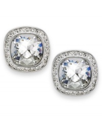 Brilliance when it's needed, by Swarovski. These classic pierced earrings flaunt a large clear crystal surrounded in clear crystal pave. Crafted in rhodium-plated mixed metal. Approximate diameter: 5/8 inch. Brilliance when it's needed, by Swarovski. These classic pierced earrings flaunt a large clear crystal surrounded in clear crystal pave. Crafted in rhodium-plated mixed metal. Approximate diameter: 5/8 inch.