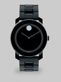 Bold watch with a black TR90 and stainless steel case and a black TR90 link bracelet accented with Swarovski crystals. Swiss quartz movementWater resistant to 3 ATMRound TR90 and stainless steel case, 36mm (1.4) Smooth bezelBlack dial with Swarovski crystal dotTR90 and polyurethane link braceletMade in Switzerland Bold watch with a black TR90 and stainless steel case and a black TR90 link bracelet accented with Swarovski crystals. Swiss quartz movementWater resistant to 3 ATMRound TR90 and stainless steel case, 36mm (1.4) Smooth bezelBlack dial with Swarovski crystal dotTR90 and polyurethane link braceletMade in Switzerland