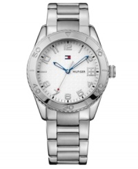 Red, white and blue classic cool from Tommy Hilfiger. Watch crafted of stainless steel bracelet and round case. White logo-patterned dial features silver tone Arabic numerals, applied stick indices, minute track, iconic flag logo at twelve o'clock and blue three hands. Quartz movement. Water resistant to 30 meters. Ten-year limited warranty. Red, white and blue classic cool from Tommy Hilfiger. Watch crafted of stainless steel bracelet and round case. White logo-patterned dial features silver tone Arabic numerals, applied stick indices, minute track, iconic flag logo at twelve o'clock and blue three hands. Quartz movement. Water resistant to 30 meters. Ten-year limited warranty.