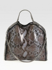 Whip stitched link chains accent this faux python print style.Double chain top handles, 4½ dropChain shoulder strap, 10½ dropMagnetic snap closureOne inside zip pocketFully lined14W X 13H X 3DMade in Italy Whip stitched link chains accent this faux python print style.Double chain top handles, 4½ dropChain shoulder strap, 10½ dropMagnetic snap closureOne inside zip pocketFully lined14W X 13H X 3DMade in Italy
