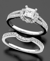 A gorgeous bridal set with endless sparkle. These stunning wedding band and engagement rings feature princess- and round-cut diamond (3/4 ct. t.w.) set in 14k white gold. A gorgeous bridal set with endless sparkle. These stunning wedding band and engagement rings feature princess- and round-cut diamond (3/4 ct. t.w.) set in 14k white gold.