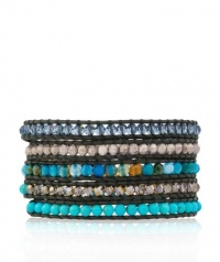 CHAN LUU Aqua Fire Agate Stone Mix Wrap Bracelet on Dark Green Leather CHAN LUU Aqua Fire Agate Stone Mix Wrap Bracelet on Dark Green Leather