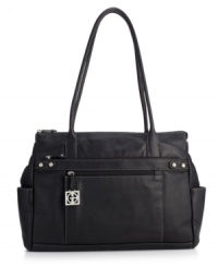 Giani Bernini's tote in refined pebbled leather achieves instant classic status with contrast stitching and a chic logo charm. Giani Bernini's tote in refined pebbled leather achieves instant classic status with contrast stitching and a chic logo charm.