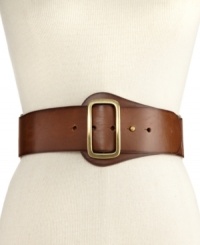 Rock a vintage look with this statement belt from Steve Madden! Features an oversized brass tone buckle with discrete tab closure. Rock a vintage look with this statement belt from Steve Madden! Features an oversized brass tone buckle with discrete tab closure.