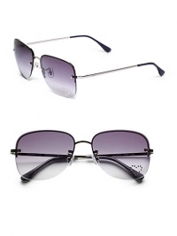 THE LOOKRectangular aviator silhouetteMetal framesLogo at templesUV protectionSignature case includedTHE COLORSilver frames with grey gradient lenses and rhinestone heart detailORIGINMade in France