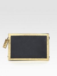 This smooth leather style is simply chic with contrast metallic leather border and a woven zip pull.Top zip closureSuede lining12½W X 8½H X 2½DMade in Italy This smooth leather style is simply chic with contrast metallic leather border and a woven zip pull.Top zip closureSuede lining12½W X 8½H X 2½DMade in Italy