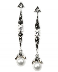 A bold sense of elegance. Judith Jack's earrings are crafted from sterling silver with marcasite (1/2 ct. t.w.), cubic zirconias (9/20 ct. t.w.) and crystals (3/10 ct. t.w.) giving way to stunning glass pearls. Approximate drop: 1-1/2 inches. A bold sense of elegance. Judith Jack's earrings are crafted from sterling silver with marcasite (1/2 ct. t.w.), cubic zirconias (9/20 ct. t.w.) and crystals (3/10 ct. t.w.) giving way to stunning glass pearls. Approximate drop: 1-1/2 inches.