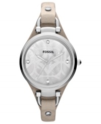 A thin leather strap holds a wintry case on this gorgeous Georgia collection watch by Fossil. A thin leather strap holds a wintry case on this gorgeous Georgia collection watch by Fossil.