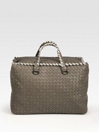 Sumptuous woven leather with snakeskin trim in a boxy top-handle carryall, perfectly sized for all your essentials.Double top handles, 4¼ dropTop zip closureOne inside zip pocketOpen inside open pocketSuede lining13W X 9H X 6¼DMade in Italy Sumptuous woven leather with snakeskin trim in a boxy top-handle carryall, perfectly sized for all your essentials.Double top handles, 4¼ dropTop zip closureOne inside zip pocketOpen inside open pocketSuede lining13W X 9H X 6¼DMade in Italy