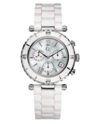 An elegant and feminine Gc Swiss Made Timepieces watch with the functionality of a sport watch. High-tech white ceramic bracelet with a deployment clasp and two-side pushers. Polished stainless steel and ceramic case. White ceramic bezel. White chronograph mother-of-pearl dial with logo, date window, three subdials and silvertone roman numerals. Swiss quartz movement. Swiss made. Water resistant to 100 meters. Ten-year limited warranty. Luxury Gc gift box packaging included. An elegant and feminine Gc Swiss Made Timepieces watch with the functionality of a sport watch. High-tech white ceramic bracelet with a deployment clasp and two-side pushers. Polished stainless steel and ceramic case. White ceramic bezel. White chronograph mother-of-pearl dial with logo, date window, three subdials and silvertone roman numerals. Swiss quartz movement. Swiss made. Water resistant to 100 meters. Ten-year limited warranty. Luxury Gc gift box packaging included.