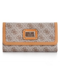 With signature quatrefois G monogram print punctuated with polished silver-tone hardware, this GUESS design is slender enough to slip into a bag and eye-catching enough to carry as a clutch. Plenty of card slots, pockets, and zipped compartment offer exceptional organization within. With signature quatrefois G monogram print punctuated with polished silver-tone hardware, this GUESS design is slender enough to slip into a bag and eye-catching enough to carry as a clutch. Plenty of card slots, pockets, and zipped compartment offer exceptional organization within.