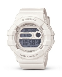 Casio's shock-resistant watch in white resin is built for both maximum performance and style, boasting techie features, an icy hue and hard-hitting attitude. Casio's shock-resistant watch in white resin is built for both maximum performance and style, boasting techie features, an icy hue and hard-hitting attitude.