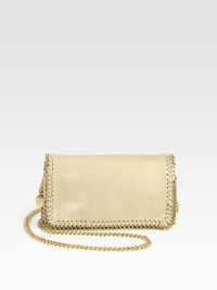 A shimmery faux suede design trimmed with whip stitch and link chain trim.Concealable shoulder chain strap, 25 dropSnap flap closureOne inside open pocketFully lined8W X 4½H X 1½DMade in Italy A shimmery faux suede design trimmed with whip stitch and link chain trim.Concealable shoulder chain strap, 25 dropSnap flap closureOne inside open pocketFully lined8W X 4½H X 1½DMade in Italy