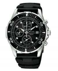 A comfortable feel and practical functions combine in this sleek, athletic men's watch from Pulsar. Black polyurethane strap and silvertone stainless steel round case. Black round dial with three subdials, date window, logo and stick indices. Quartz movement. Water resistant to 100 meters. Three-year limited warranty. A comfortable feel and practical functions combine in this sleek, athletic men's watch from Pulsar. Black polyurethane strap and silvertone stainless steel round case. Black round dial with three subdials, date window, logo and stick indices. Quartz movement. Water resistant to 100 meters. Three-year limited warranty.