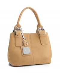 Silvertone buckle details at the handles add a fun touch to the Perfect 10 tote by Tignanello. Silvertone buckle details at the handles add a fun touch to the Perfect 10 tote by Tignanello.
