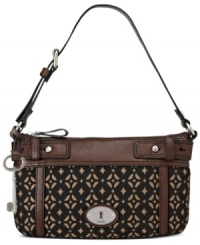 Add some signature style to your laid-back look with this vintage-inspired silhouette from Fossil. Polished hardware and rich leather trim add dimension to the jacquard design, for a look that's altogether on-trend Add some signature style to your laid-back look with this vintage-inspired silhouette from Fossil. Polished hardware and rich leather trim add dimension to the jacquard design, for a look that's altogether on-trend
