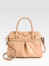 Smooth glossy leather in an elegant shape with pleated details.Double top handles, 5 dropDetachable adjustable shoulder strap, 19-20 dropTop zip closureOne inside zip pocketOne inside open pocketCotton lining12½W X 8½H X 4DImported Smooth glossy leather in an elegant shape with pleated details.Double top handles, 5 dropDetachable adjustable shoulder strap, 19-20 dropTop zip closureOne inside zip pocketOne inside open pocketCotton lining12½W X 8½H X 4DImported