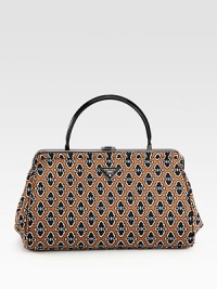 Nylon jacquard doctor's bag.Patent leather top handle, 5½ dropPush-lock closureOne inside zip pocketThree inside open pocketsSignature jacquard lining10¼W X 9½H X 4DMade in Italy Nylon jacquard doctor's bag.Patent leather top handle, 5½ dropPush-lock closureOne inside zip pocketThree inside open pocketsSignature jacquard lining10¼W X 9½H X 4DMade in Italy