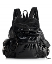 The utilitarian backpack takes on a fun, glamorous shine in this version by LeSportsak. The utilitarian backpack takes on a fun, glamorous shine in this version by LeSportsak.