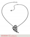 GUESS Women's Silver-Tone Leopard-Print Heart Necklace, SILVER