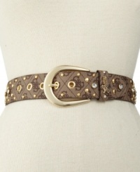 Get fierce with this gorgeous belt by GUESS! Featuring metal studs and rhinestone detail with a large, eye-catching buckle. Get fierce with this gorgeous belt by GUESS! Featuring metal studs and rhinestone detail with a large, eye-catching buckle.