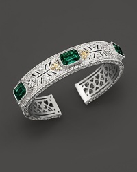 Sterling silver cuff set with faceted white sapphires and green quartz. By Judith Ripka. Sterling silver cuff set with faceted white sapphires and green quartz. By Judith Ripka.