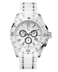 High fashion with high shine. Sport Class XXL watch by Gc Swiss Made Timepieces crafted of white high-tech ceramic and stainless steel bracelet and round case. White ceramic turning bezel with silver tone numerals. White chronograph dial features applied silver tone numeral at twelve o'clock, stick indices, tachymeter scale, date window at four o'clock, luminous hands and logo. Swiss quartz movement. Water resistant to 100 meters. Ten-year limited warranty. Luxury Gc gift box packaging included. High fashion with high shine. Sport Class XXL watch by Gc Swiss Made Timepieces crafted of white high-tech ceramic and stainless steel bracelet and round case. White ceramic turning bezel with silver tone numerals. White chronograph dial features applied silver tone numeral at twelve o'clock, stick indices, tachymeter scale, date window at four o'clock, luminous hands and logo. Swiss quartz movement. Water resistant to 100 meters. Ten-year limited warranty. Luxury Gc gift box packaging included.