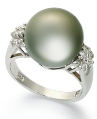 Perfectly elegant. A single Tahitian pearl (12-13 mm) stands out against an array of round-cut diamonds (1/4 ct. t.w.). Ring crafted in 14k white gold. Perfectly elegant. A single Tahitian pearl (12-13 mm) stands out against an array of round-cut diamonds (1/4 ct. t.w.). Ring crafted in 14k white gold.