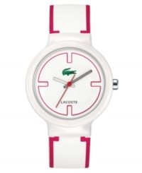 Snap into action with this preppy, pink-accented men's and women's Goa watch from Lacoste. White silicone strap with pink stripes. Round white plastic case and round white dial with logo. Quartz movement. Water resistant to 30 meters. Two-year limited warranty. Snap into action with this preppy, pink-accented men's and women's Goa watch from Lacoste. White silicone strap with pink stripes. Round white plastic case and round white dial with logo. Quartz movement. Water resistant to 30 meters. Two-year limited warranty.