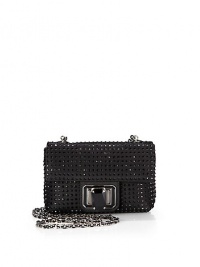 THE LOOKCrossbody chainPetite rectangular silhouetteJet black crystals alloverOversized crystal turnlock closureOne inside open pocketInside logo detailTHE MEASUREMENTCrossbody chain, 17 drop5W X 3H X 2DTHE MATERIALCrystalsSatinViscose/silk liningORIGINMade in Italy THE LOOKCrossbody chainPetite rectangular silhouetteJet black crystals alloverOversized crystal turnlock closureOne inside open pocketInside logo detailTHE MEASUREMENTCrossbody chain, 17 drop5W X 3H X 2DTHE MATERIALCrystalsSatinViscose/silk liningORIGINMade in Italy