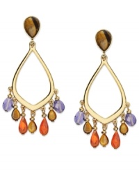 Bohemian style from Lauren Ralph Lauren. These gypsy earrings flaunt a teardrop hoop with dangling genuine amethyst, tiger's eye and carnelian beads. Crafted in 14k gold plated mixed metal. Approximate drop: 2-1/4 inches. Approximate diameter: 1 inch. Bohemian style from Lauren Ralph Lauren. These gypsy earrings flaunt a teardrop hoop with dangling genuine amethyst, tiger's eye and carnelian beads. Crafted in 14k gold plated mixed metal. Approximate drop: 2-1/4 inches. Approximate diameter: 1 inch.