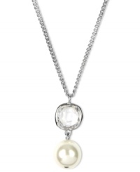 Endless elegance from Givenchy. Crafted in imitation rhodium mixed metal, a glass pearl and cubic zirconia stone are hung from a metal chain. Approximate length: 16 inches + 2-inch extender. Approximate drop: 1-1/4 inches. Endless elegance from Givenchy. Crafted in imitation rhodium mixed metal, a glass pearl and cubic zirconia stone are hung from a metal chain. Approximate length: 16 inches + 2-inch extender. Approximate drop: 1-1/4 inches.