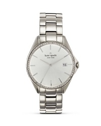 A crystal-encrusted bezel adds luxe sparkle to this stainless steel watch from kate spade new york. A crystal-encrusted bezel adds luxe sparkle to this stainless steel watch from kate spade new york.