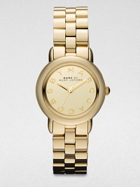 A radiant goldtone ion-plated stainless steel timepiece with logo markers. Quartz movementWater resistant to 5 ATMRound goldtone ion-plated stainless steel case, 27.5mm (1)Smooth bezelGoldtone mirror dialLogo hour markersSecond hand Goldtone stainless steel link braceletImported A radiant goldtone ion-plated stainless steel timepiece with logo markers. Quartz movementWater resistant to 5 ATMRound goldtone ion-plated stainless steel case, 27.5mm (1)Smooth bezelGoldtone mirror dialLogo hour markersSecond hand Goldtone stainless steel link braceletImported