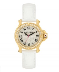 You were made for the spotlight. Let it be known with this glittering watch by Betsey Johnson. White croc-embossed leather strap and round gold tone stainless steel case. Bezel embellished with crystal accents. Crystal pave dial features black Roman numerals, black hour and minute hands, signature fuchsia second hand and logo. Quartz movement. Water resistant to 30 meters. Two-year limited warranty. You were made for the spotlight. Let it be known with this glittering watch by Betsey Johnson. White croc-embossed leather strap and round gold tone stainless steel case. Bezel embellished with crystal accents. Crystal pave dial features black Roman numerals, black hour and minute hands, signature fuchsia second hand and logo. Quartz movement. Water resistant to 30 meters. Two-year limited warranty.