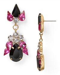 The floral motif proves darkly dramatic with this pair of drop earrings from Aqua, crafted of plated metal with colored stone accents. The floral motif proves darkly dramatic with this pair of drop earrings from Aqua, crafted of plated metal with colored stone accents.