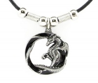 Dragon in Circle Pewter Pendant - Black Leather Necklace with Beads Dragon in Circle Pewter Pendant - Black Leather Necklace with Beads