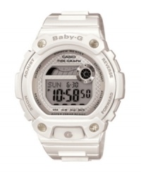 Grab your board and hit the waves with this BLX series Baby-G watch. White resin strap and round case. Shock-resistant silver tone dial with positive digital display features tide graph, EL backlight, world time, multiple alarms, stopwatch, countdown timer, 12/24 hour formats and mute function. Digital movement. Water resistant to 200 meters. One-year limited warranty. Grab your board and hit the waves with this BLX series Baby-G watch. White resin strap and round case. Shock-resistant silver tone dial with positive digital display features tide graph, EL backlight, world time, multiple alarms, stopwatch, countdown timer, 12/24 hour formats and mute function. Digital movement. Water resistant to 200 meters. One-year limited warranty.