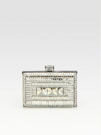 Sparkling crystal insets lend an architectural distinction to this stunning metal minaudiere.Push-lock closureNappa leather lining5¾W X 3¾H X 1¾DMade in Italy Sparkling crystal insets lend an architectural distinction to this stunning metal minaudiere.Push-lock closureNappa leather lining5¾W X 3¾H X 1¾DMade in Italy